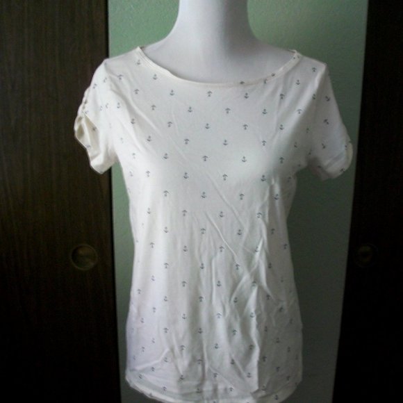 Joe Fresh White Nautical Black Anchor Boat Neck Short Sleeve Knit Tee Shirt Sz L - Picture 1 of 9